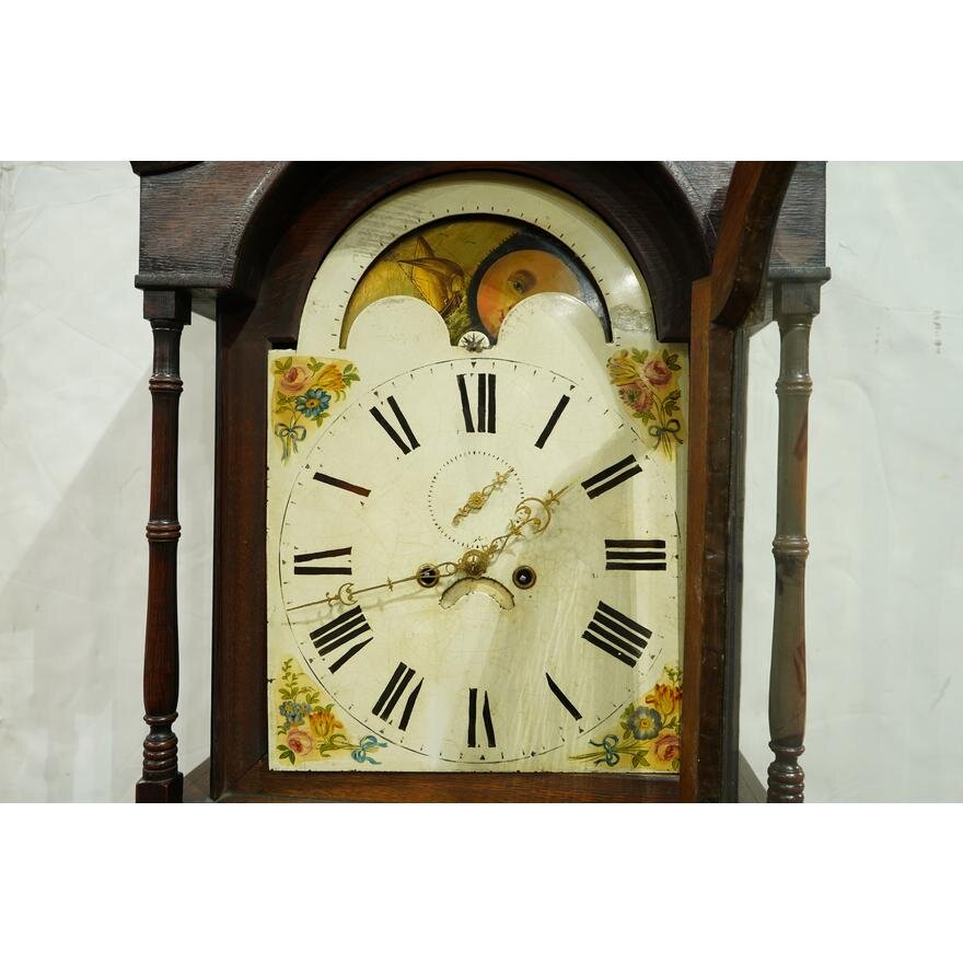 TK1-106: 18TH CENTURY ENGLISH QUARTER SAWN OAK TALL CASE CLOCK W/ MOON PHASE DIAL