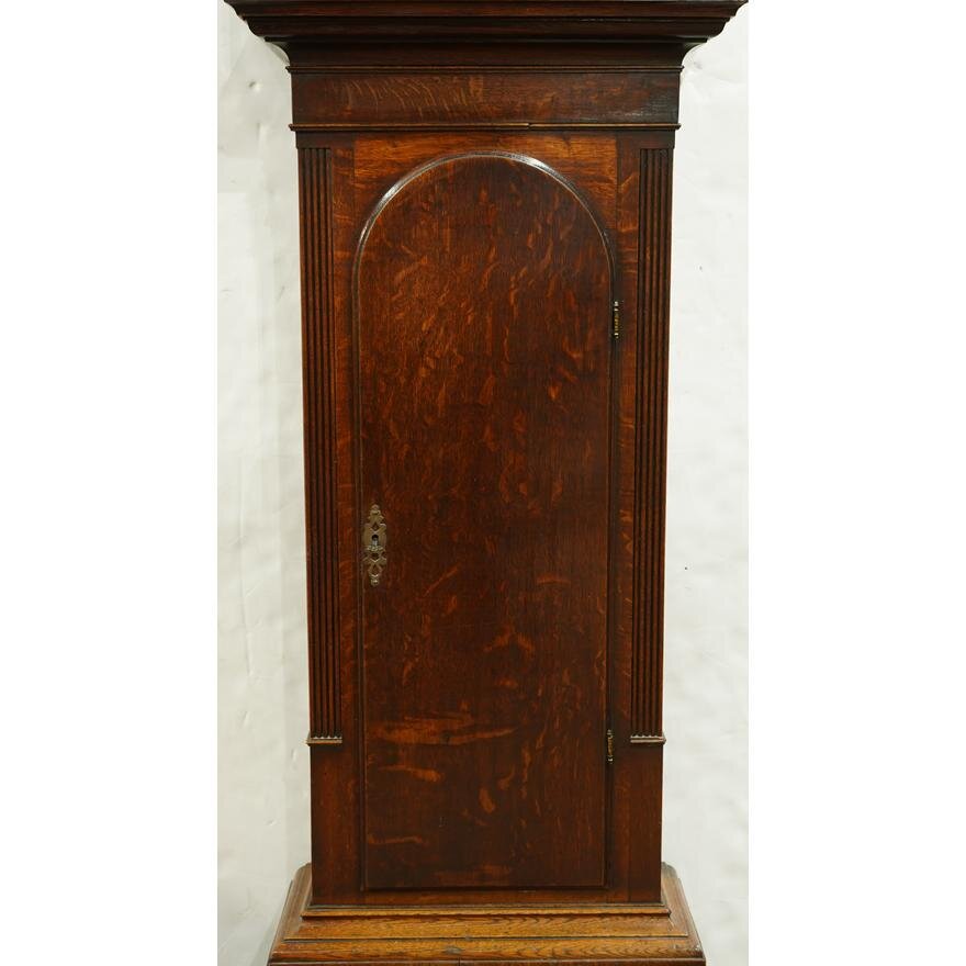TK1-106: 18TH CENTURY ENGLISH QUARTER SAWN OAK TALL CASE CLOCK W/ MOON PHASE DIAL