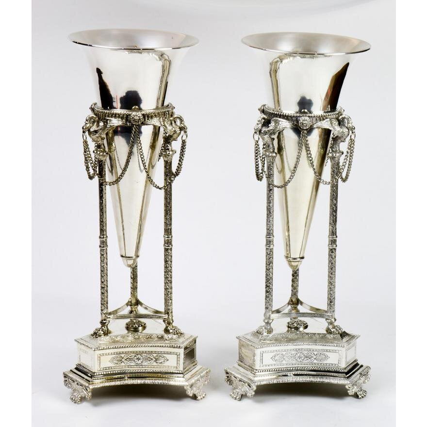 PAIR SHEFFIELD PLATE TRUMPET VASES | Work of Man