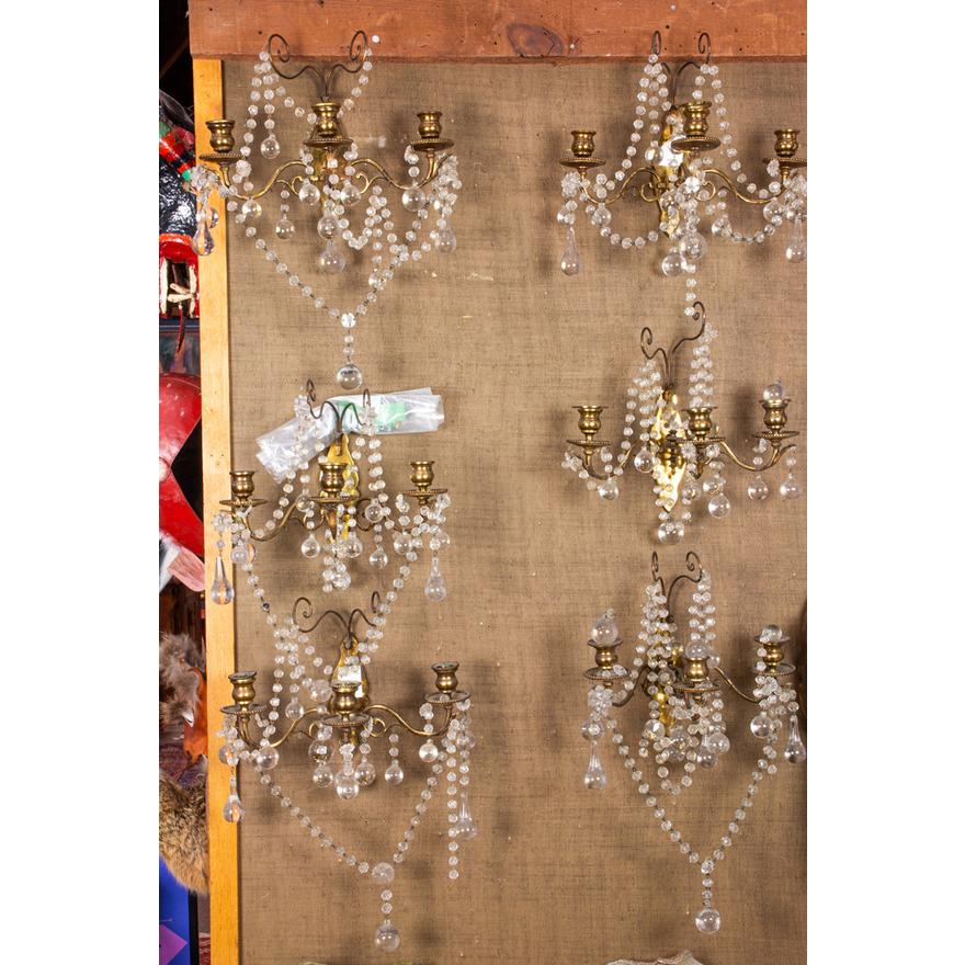AL3-003: SET OF SIX FRENCH GILT BRASS & BEADED CRYSTAL 3 LIGHT SCONCES