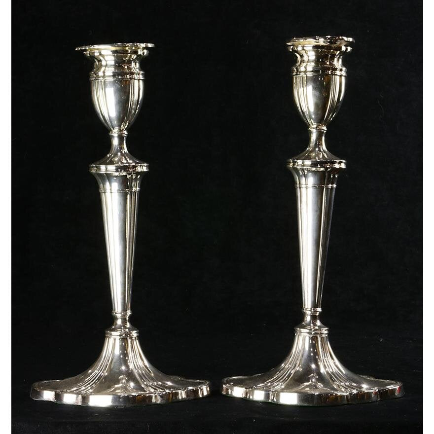 PAIR SHEFFIELD SILVERPLATE CANDLESTICKS | Work of Man