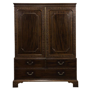 AF4-369: ANTIQUE LATE 18TH CENTURY GEORGE III MAHOGANY LINEN PRESS IN THE CHINESE CHIPPENDALE TASTE