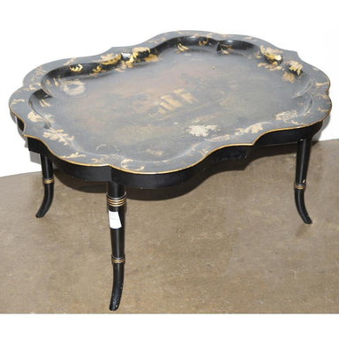 ANTIQUE ENGLISH PAINT DECORATED TRAY ON STAND | Work of Man