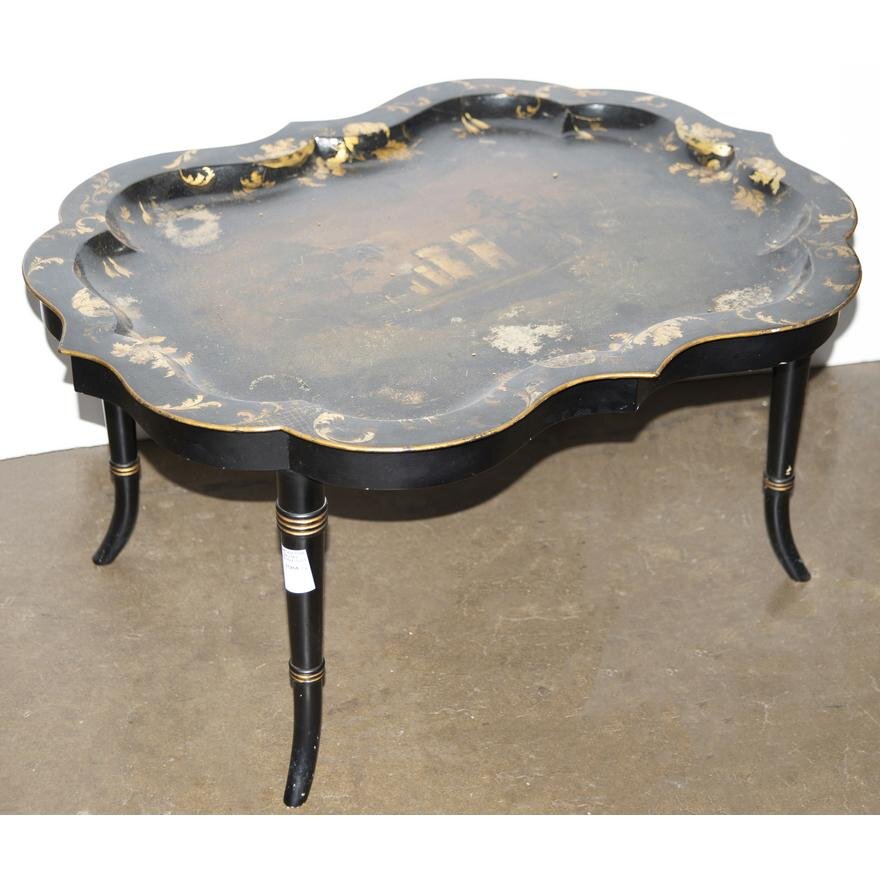 ANTIQUE ENGLISH PAINT DECORATED TRAY ON STAND | Work of Man