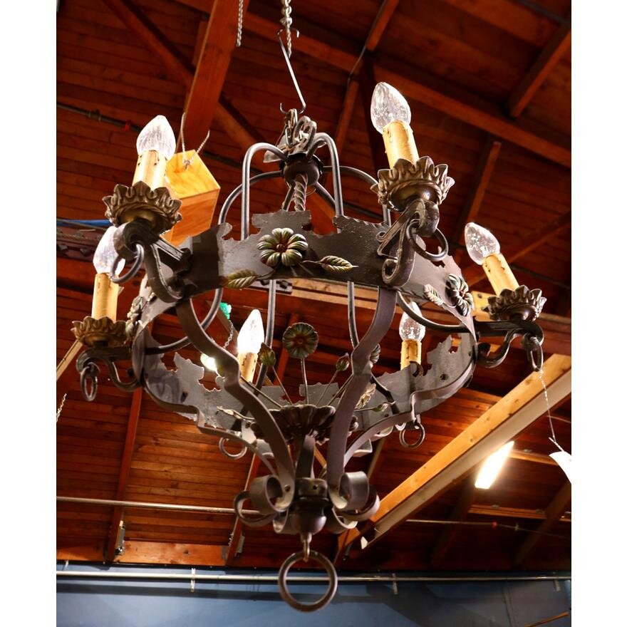 AL1-011: Antique Early 20th Century Spanish Colonial Revival Patinated Iron Chandelier