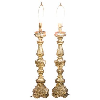 Antique Pair of 17th Century Rococo Style Giltwood Alter Candle Pricket Lamps | Work of Man