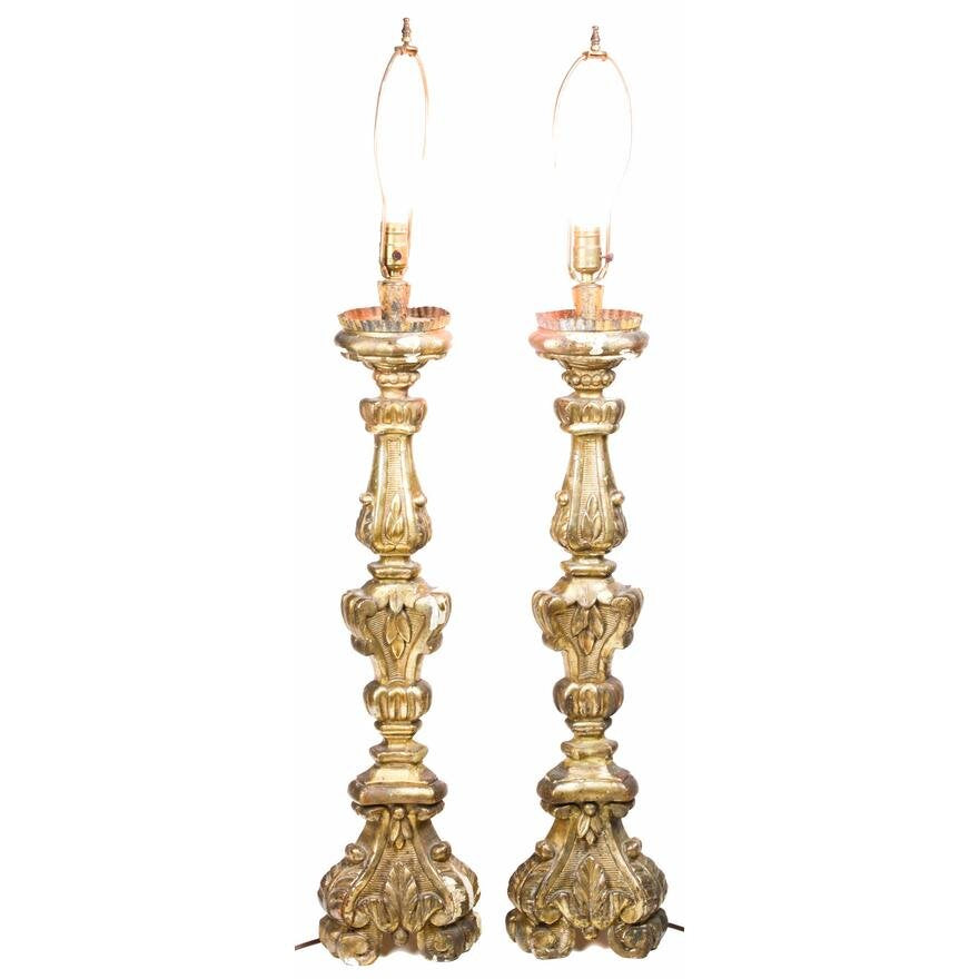 Antique Pair of 17th Century Rococo Style Giltwood Alter Candle Pricket Lamps | Work of Man