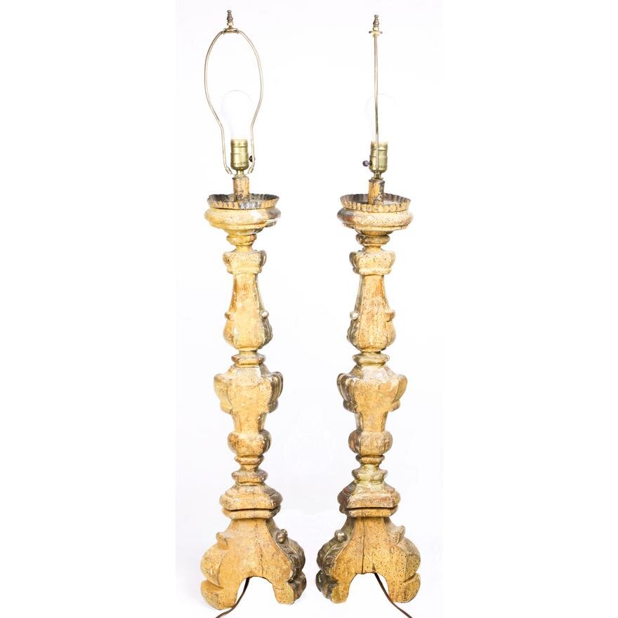 AL2-011: Antique Pair of 18th Century Rococo Style Giltwood Alter Candle Pricket Lamps