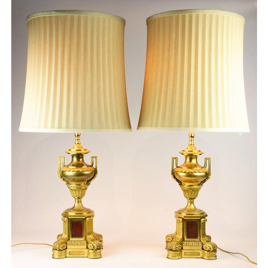 AL2-002: Pair of Early 20th Century French Gilt Bronze Ormolu Mounted Urn Form Lamps