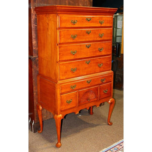 AF4-128: ANTIQUE EARLY 19TH CENTURY  AMERICAN QUEEN ANNE STYLE TIGER MAPLE HIGH BOY