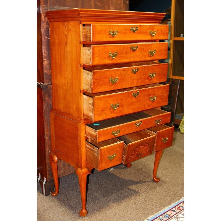 AF4-128: ANTIQUE EARLY 19TH CENTURY  AMERICAN QUEEN ANNE STYLE TIGER MAPLE HIGH BOY