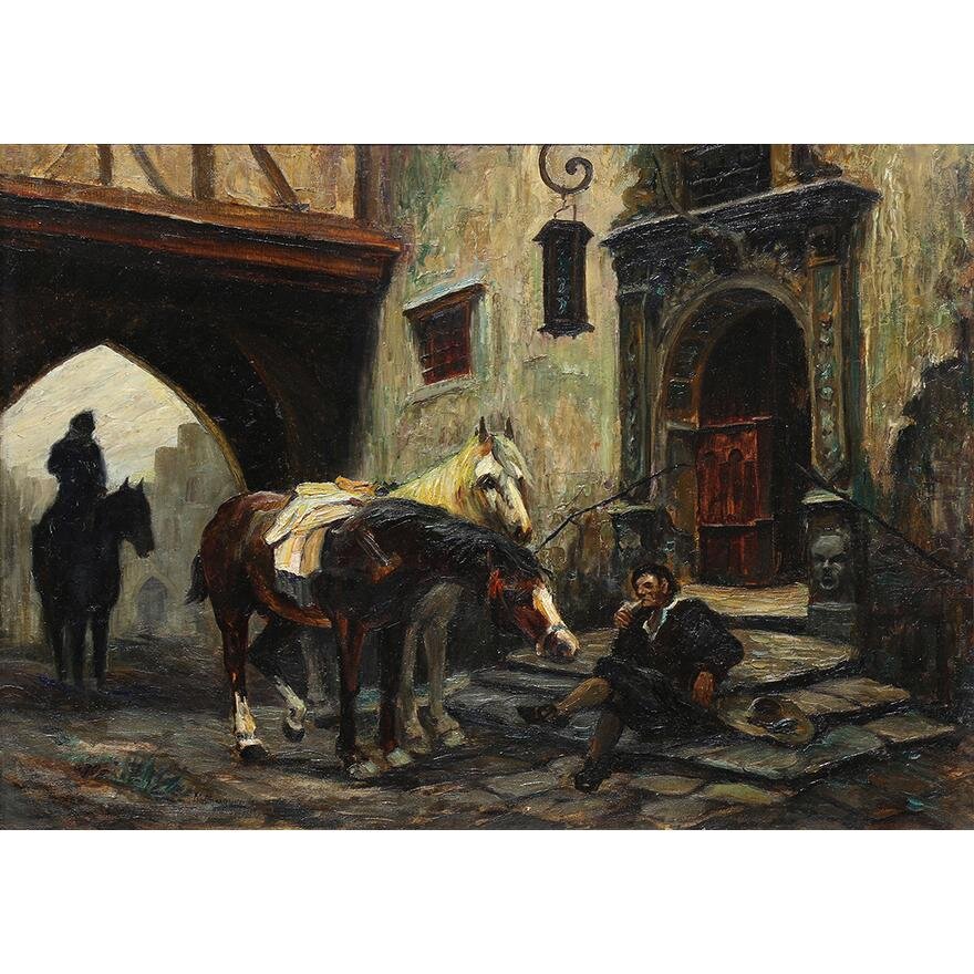 AW432: MAX OHMAYER - Street Scene with Figures and Horses - OIL ON CANVAS -