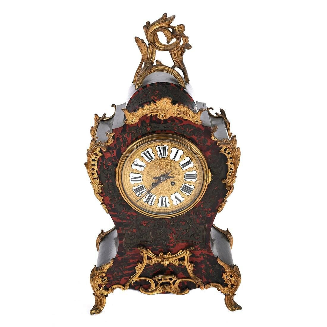 TK2-110: Mid 19th Century Louis XV Style Faux Boulle Ebonized Mantle Clock.