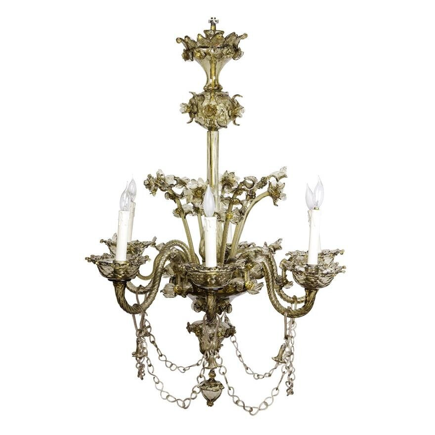 Early 20th Century Murano Smoky Amber Blown Glass 6 Light Chandelier | Work of Man