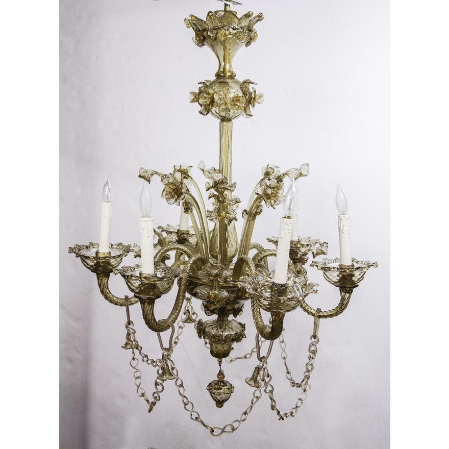 AL1-015: Antique Early 20th Century Murano Smoky Amber Blown Glass 6 Light Chandelier