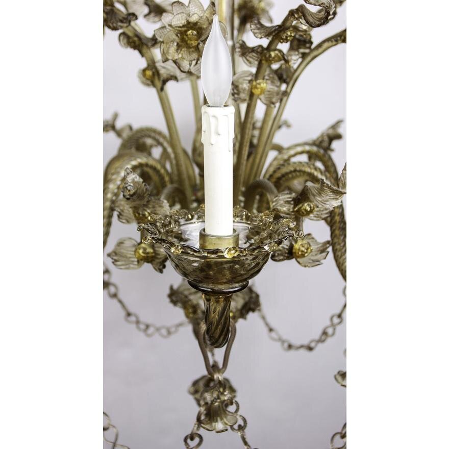 AL1-015: Antique Early 20th Century Murano Smoky Amber Blown Glass 6 Light Chandelier