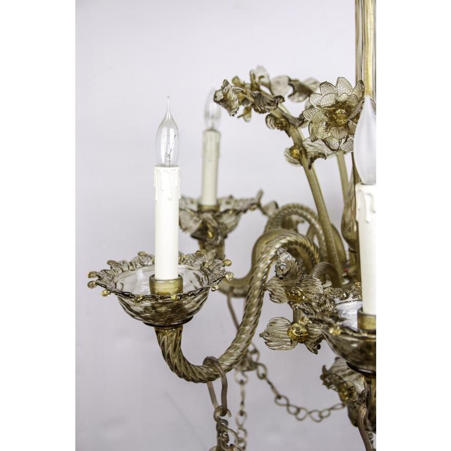 AL1-015: Antique Early 20th Century Murano Smoky Amber Blown Glass 6 Light Chandelier