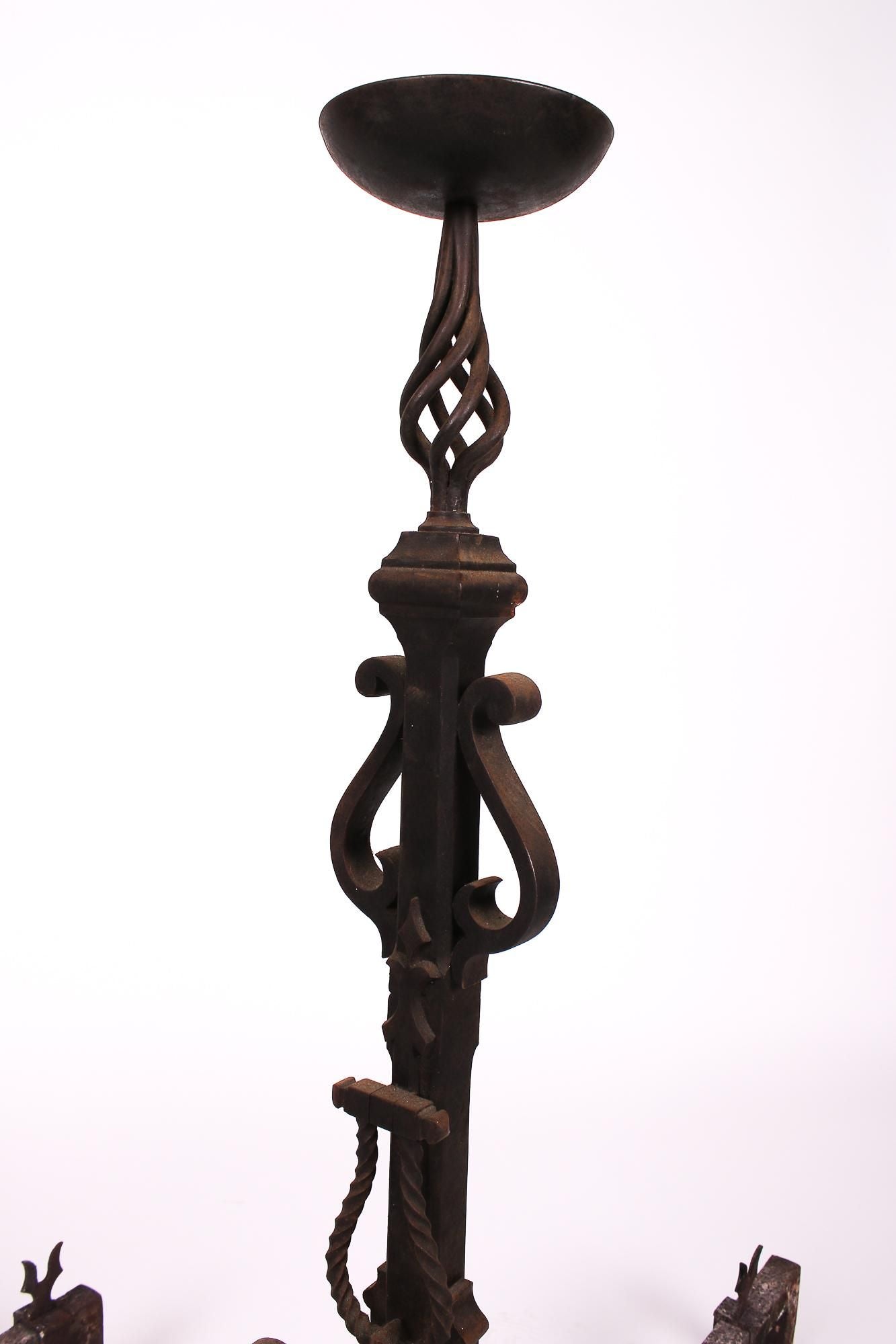AA3-140: ANTIQUE PAIR OF SPANISH COLONIAL WROUGHT IRON ANDIRONS MID 19TH CENTURY