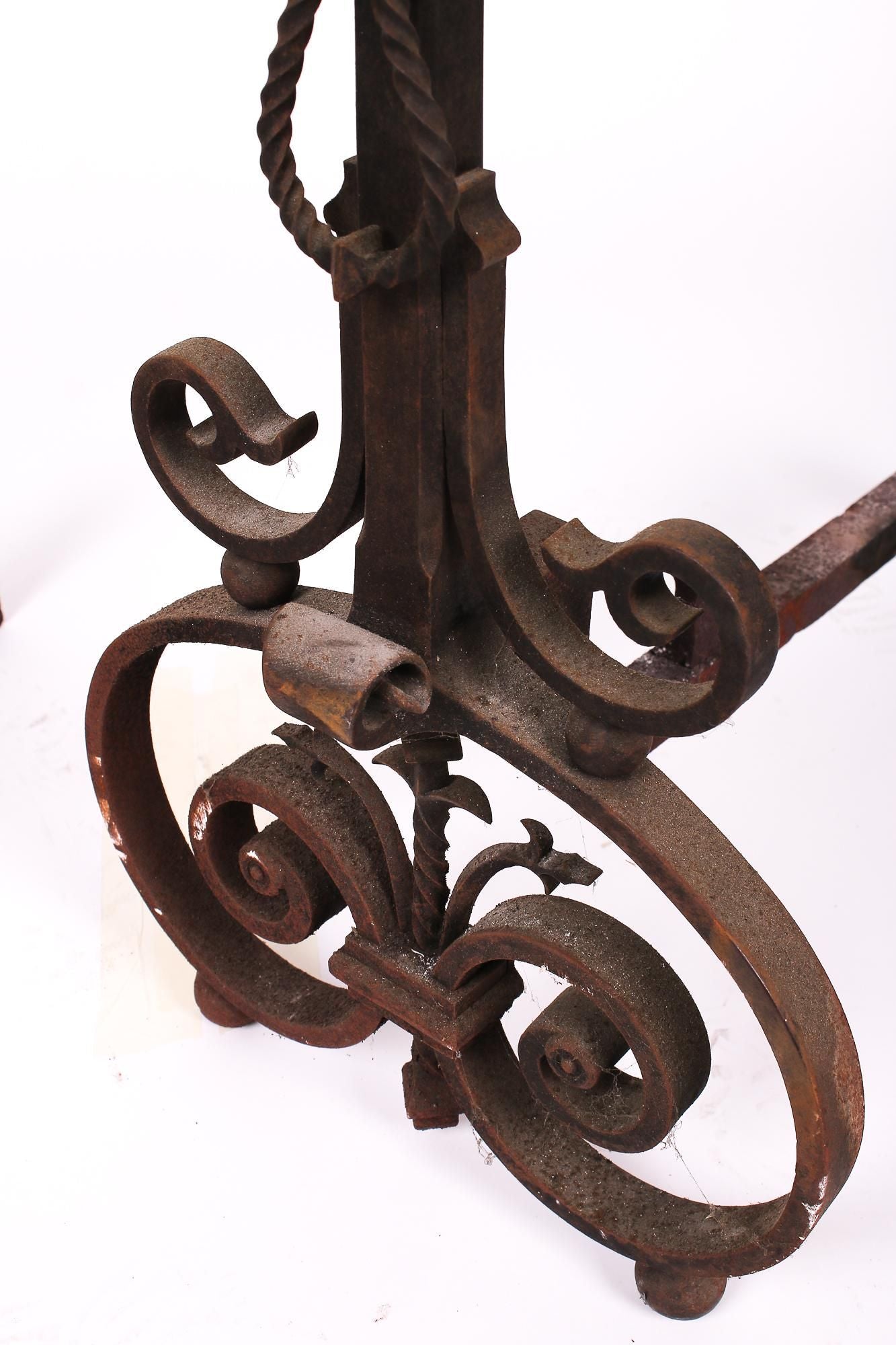 AA3-140: ANTIQUE PAIR OF SPANISH COLONIAL WROUGHT IRON ANDIRONS MID 19TH CENTURY