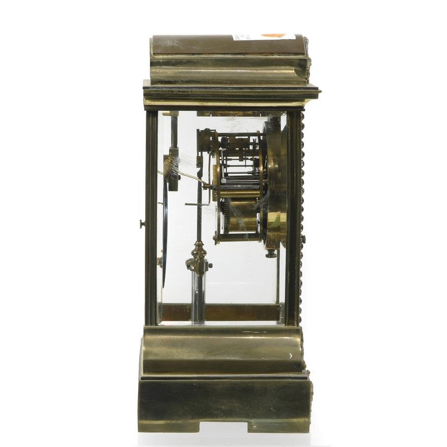 TK2-107: 19TH CENTURY FRENCH GILT BRASS AND JEWELED MANTEL CLOCK, THE MOVEMENT BY JAPY FRERES