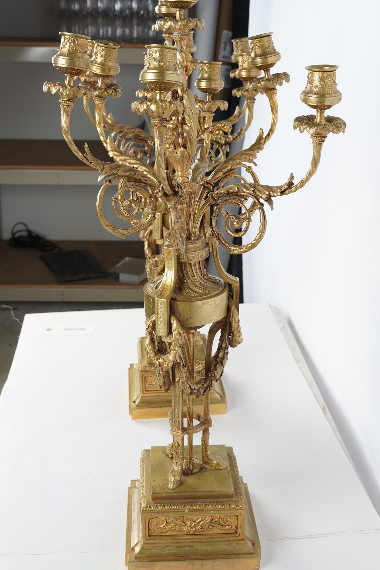 DA2-015: PAIR OF MID 19TH C FRENCH MERCURY GILT BRONZE 7 LIGHT CANDLEABRA