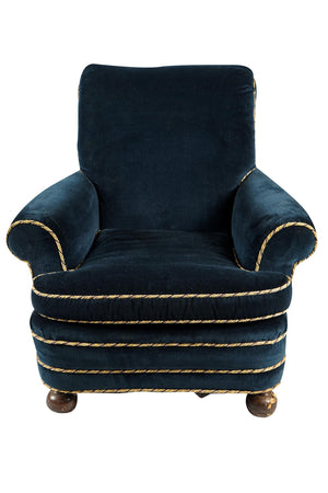 AF2-377: ANTIQUE EARLY 20TH C ART DECO BLUE VELVET UPHOLSTERED CLUB CHAIR - PENNY MARSHALL