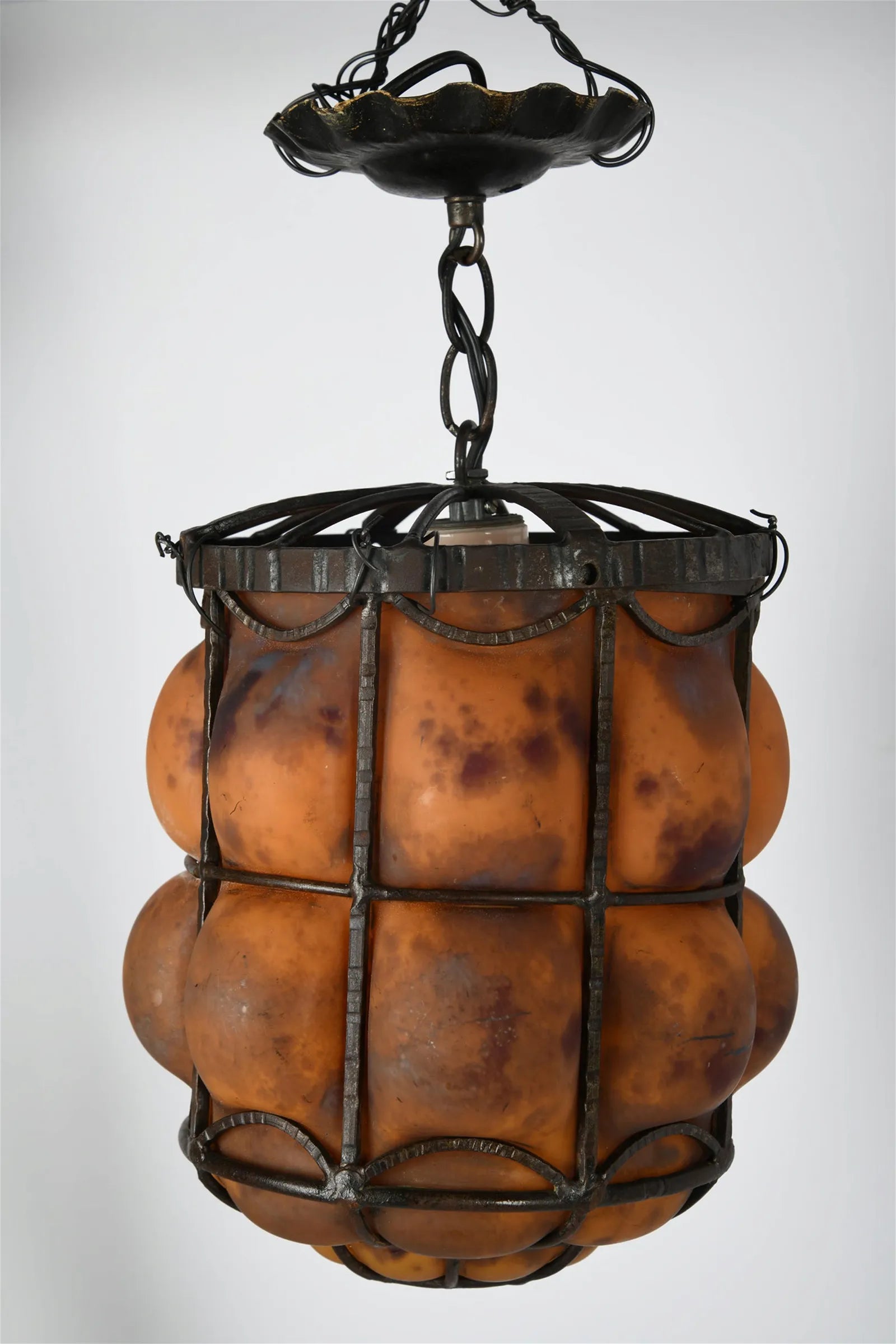 AL1-031: Antique Daum Nancy & Louis Majorelle Early 20th Century Hand Forged Iron Chandelier with Blown Mottled Glass