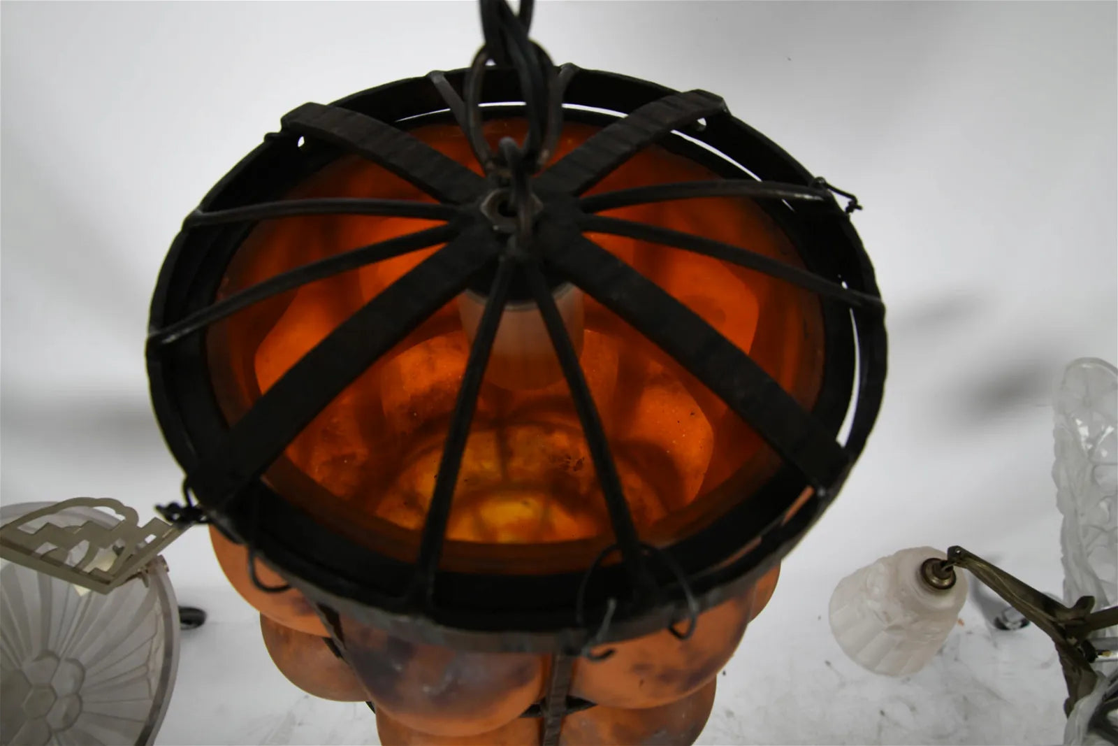 AL1-031: Antique Daum Nancy & Louis Majorelle Early 20th Century Hand Forged Iron Chandelier with Blown Mottled Glass