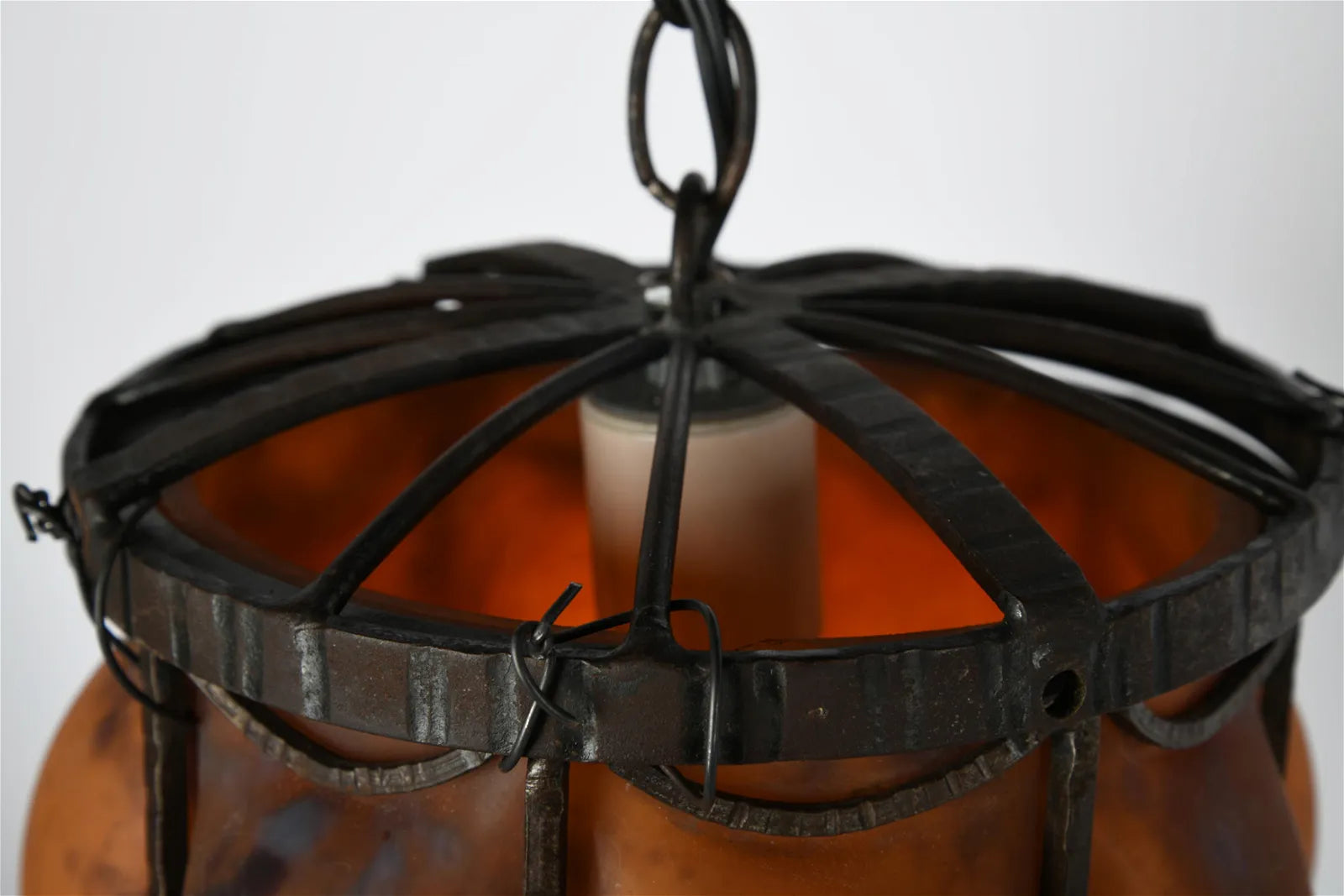 AL1-031: Antique Daum Nancy & Louis Majorelle Early 20th Century Hand Forged Iron Chandelier with Blown Mottled Glass