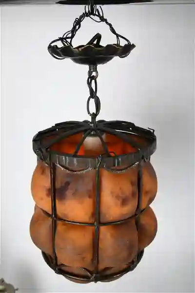 AL1-031: Antique Daum Nancy & Louis Majorelle Early 20th Century Hand Forged Iron Chandelier with Blown Mottled Glass