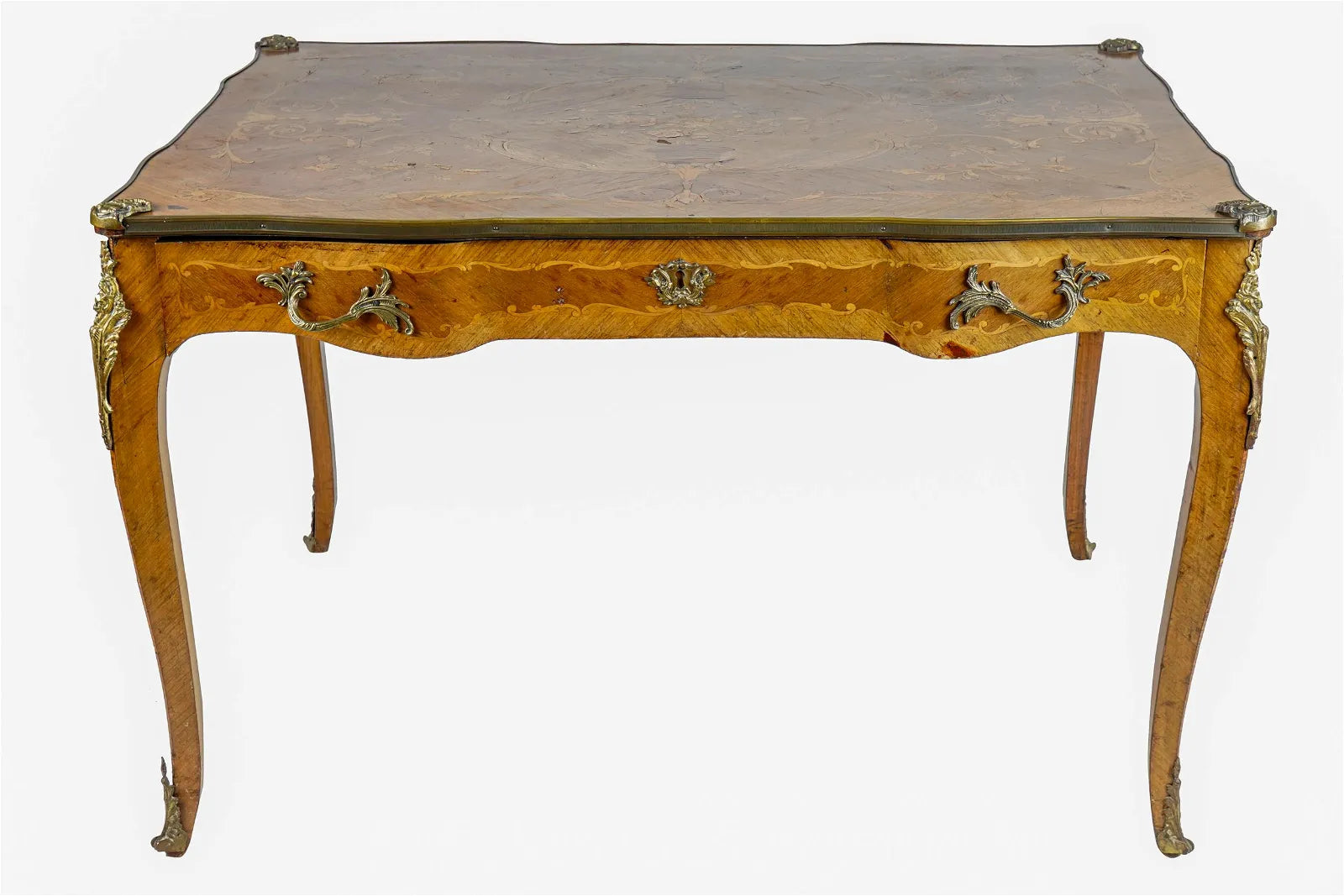 AF5-005: ANTIQUE LATE 19TH CENTURY LOUIS XV GILT ORMULA MARQUETRY KINGWOOD BUREAU PLAT DESK