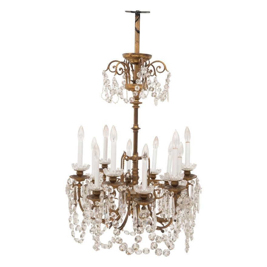 Antique 19TH CENTURY FRENCH BRASS AND CRYSTAL TWELVE LIGHT CHANDELIER | Work of Man