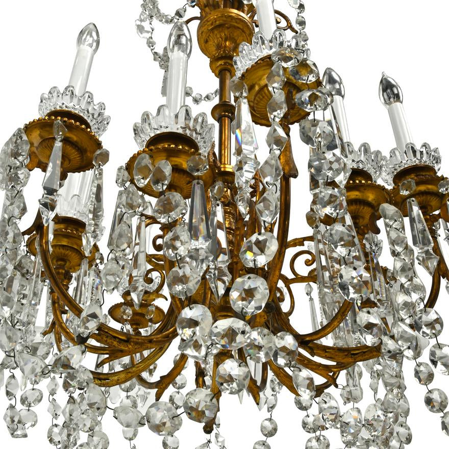 AL1-057: Antique 19TH CENTURY FRENCH BRASS AND CRYSTAL TWELVE LIGHT CHANDELIER
