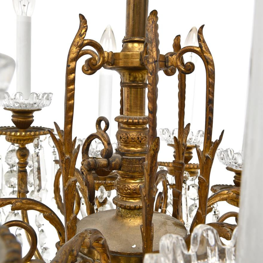 AL1-057: Antique 19TH CENTURY FRENCH BRASS AND CRYSTAL TWELVE LIGHT CHANDELIER