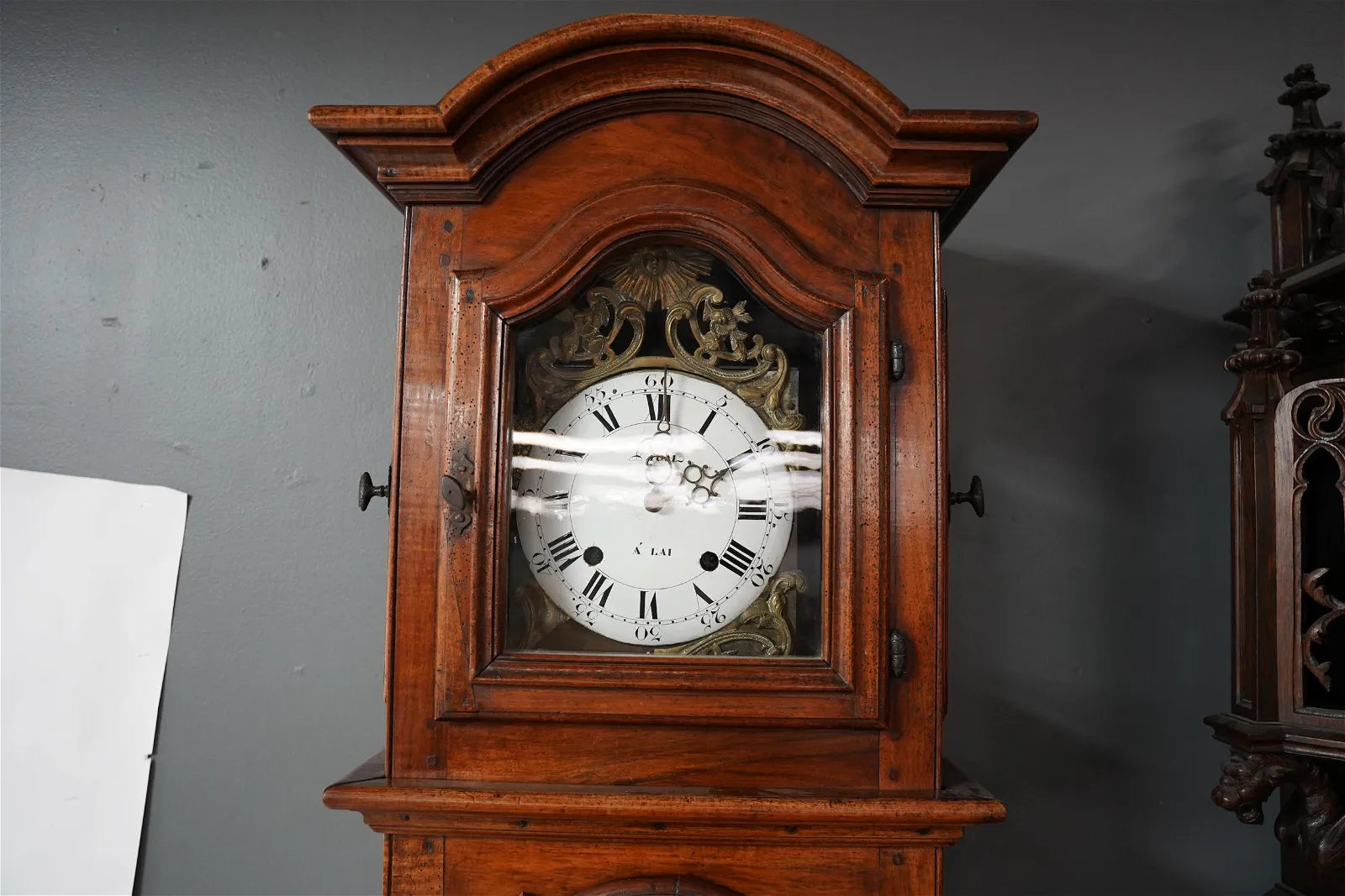 TK1-045: 18TH CENTURY FRENCH PROVINCIAL FRUITWOOD TALL CAS CLOCK
