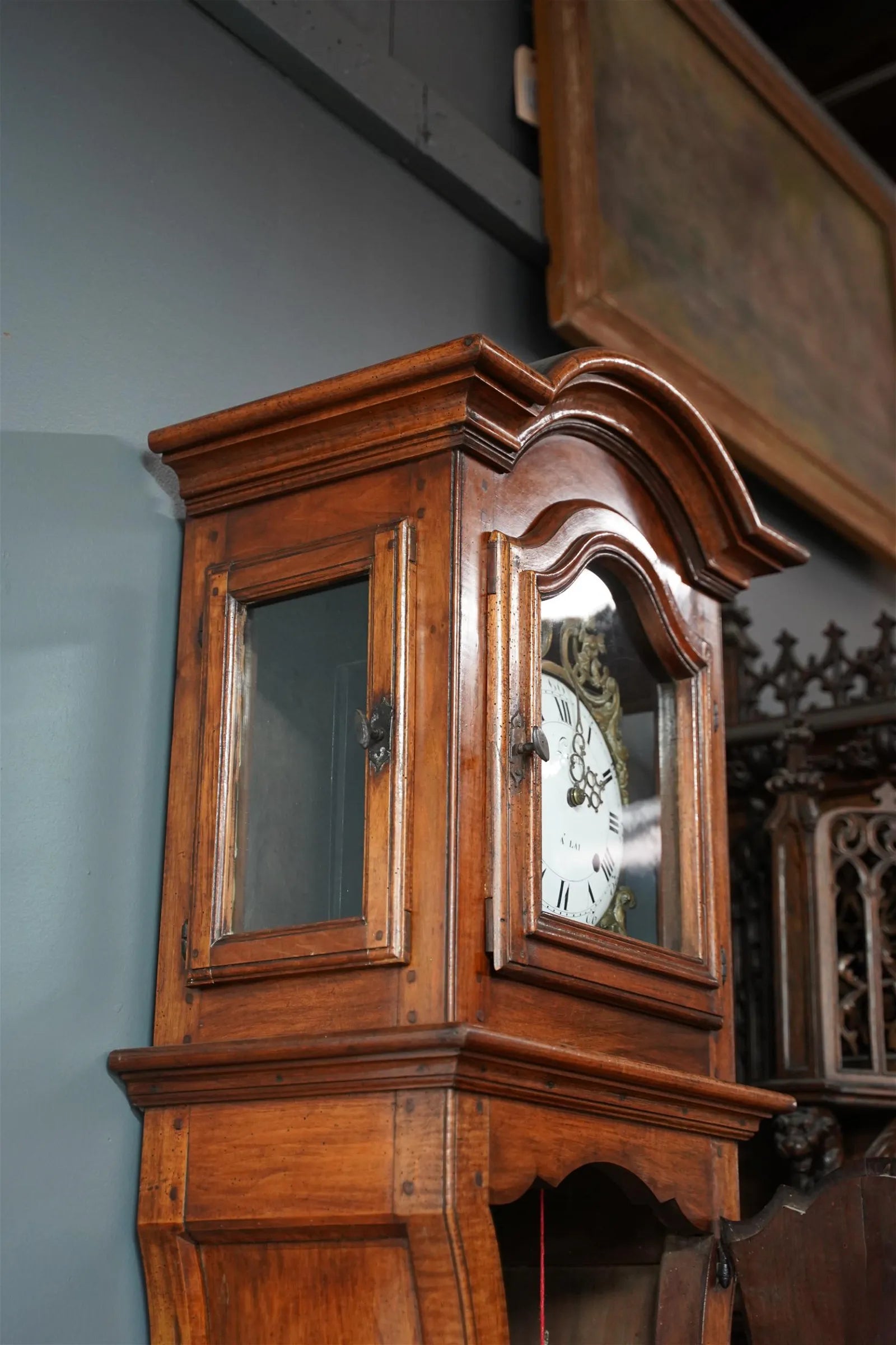 TK1-045: 18TH CENTURY FRENCH PROVINCIAL FRUITWOOD TALL CAS CLOCK