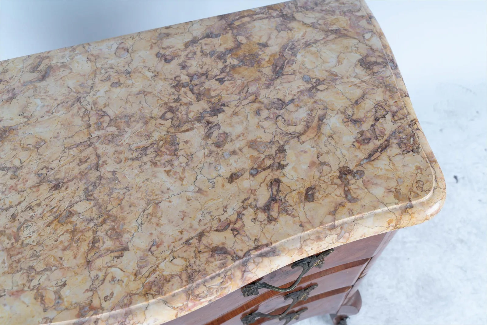 AF4-021: ANTIQUE LATE 19TH CENTURY LOUIS XV TRANSITIONAL STYLE FRENCH KINGWOOD MARQUETRY MARBLE TOP  CHEST OF DRAWERS