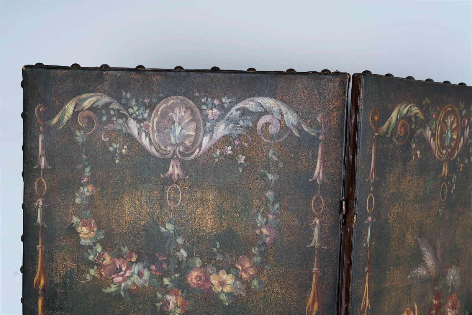 AF10-005: ANTIQUE EARLY 20TH CENTURY FRENCH THREE PANEL POLYCHROME DECORATED LEATHER SCREEN