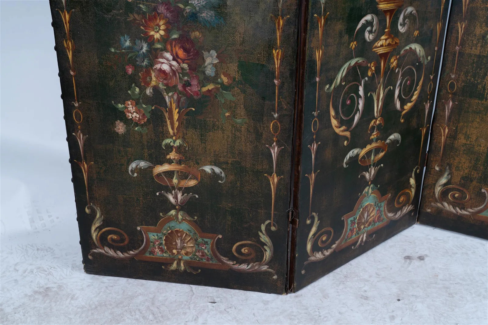 AF10-005: ANTIQUE EARLY 20TH CENTURY FRENCH THREE PANEL POLYCHROME DECORATED LEATHER SCREEN