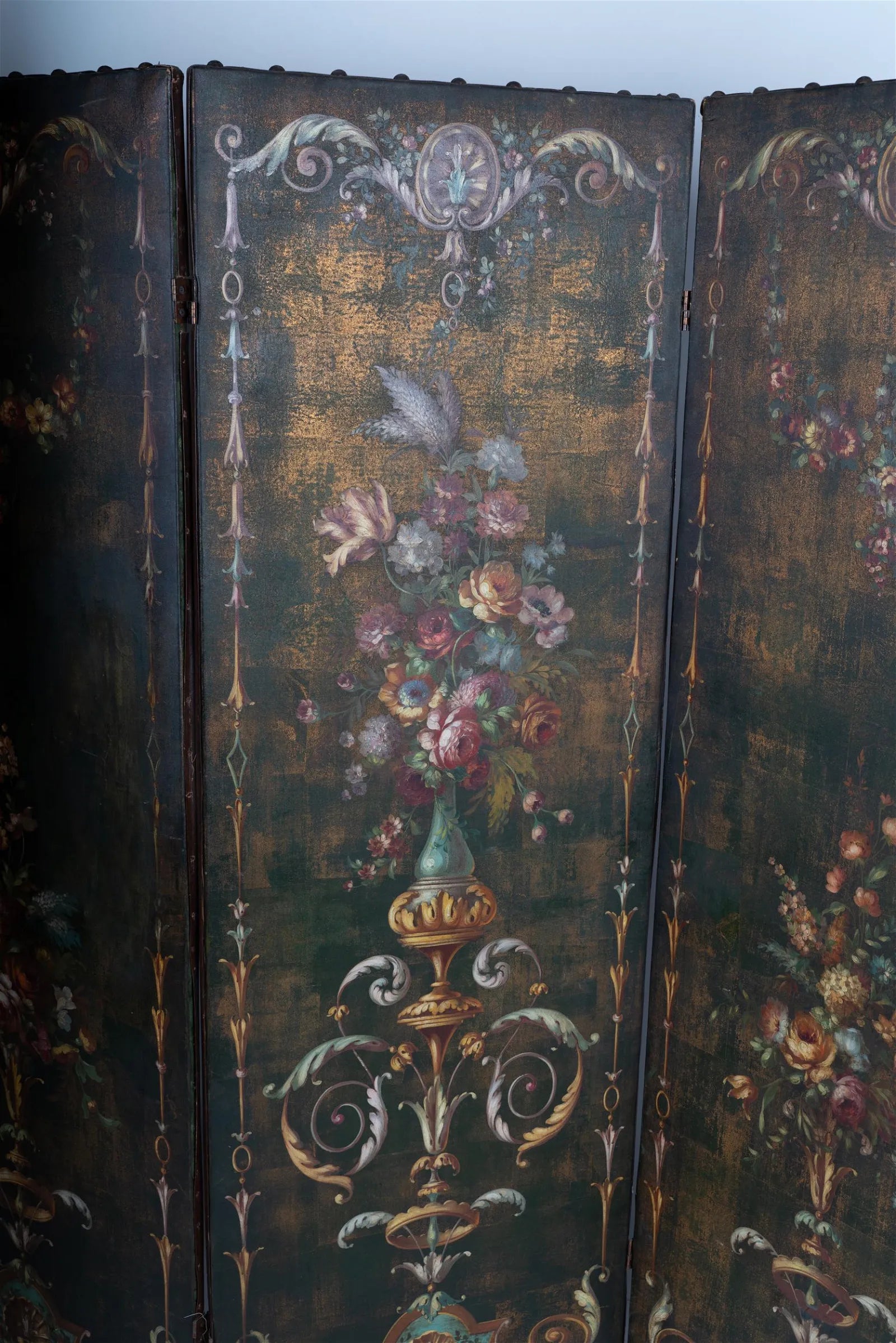 AF10-005: ANTIQUE EARLY 20TH CENTURY FRENCH THREE PANEL POLYCHROME DECORATED LEATHER SCREEN