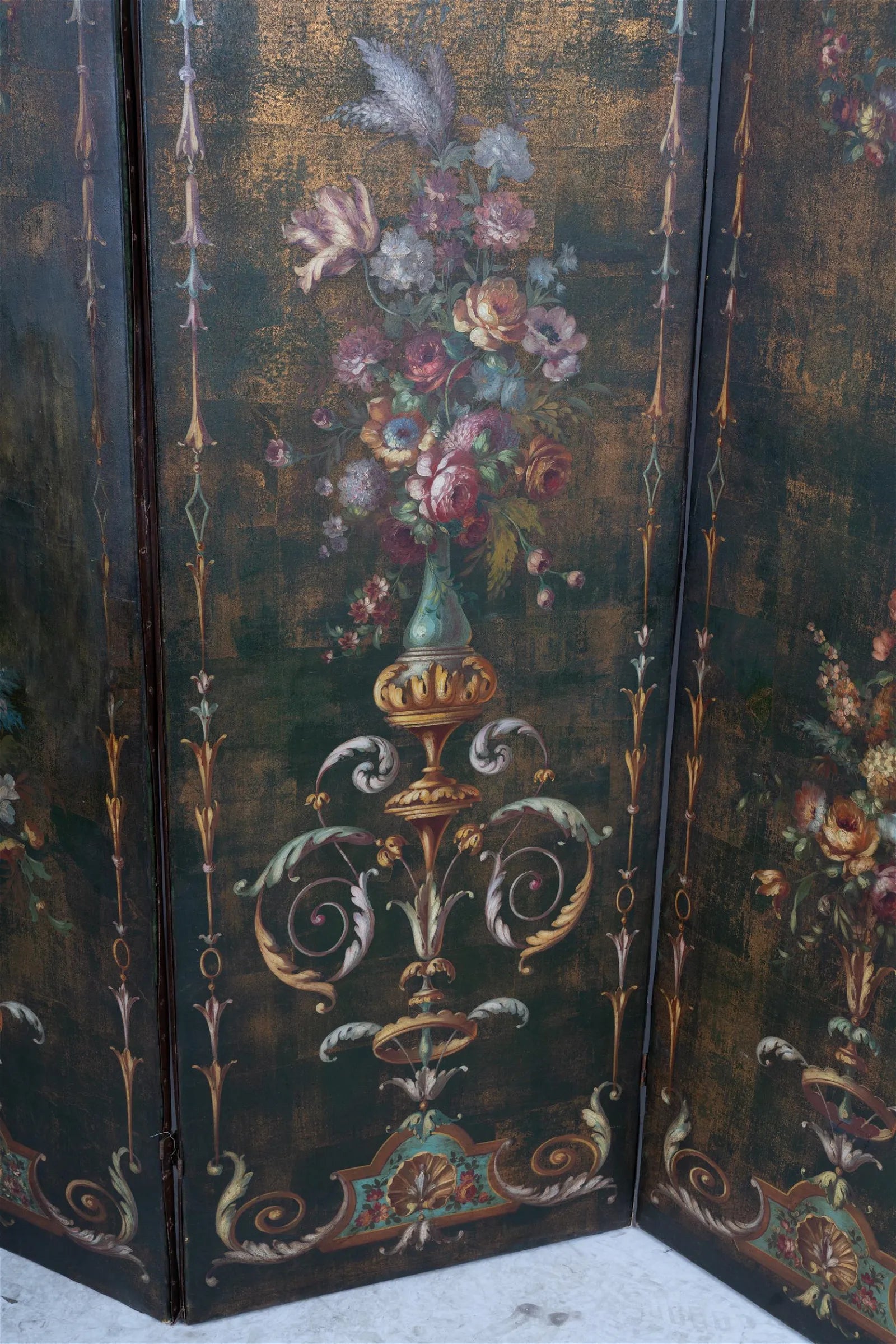 AF10-005: ANTIQUE EARLY 20TH CENTURY FRENCH THREE PANEL POLYCHROME DECORATED LEATHER SCREEN