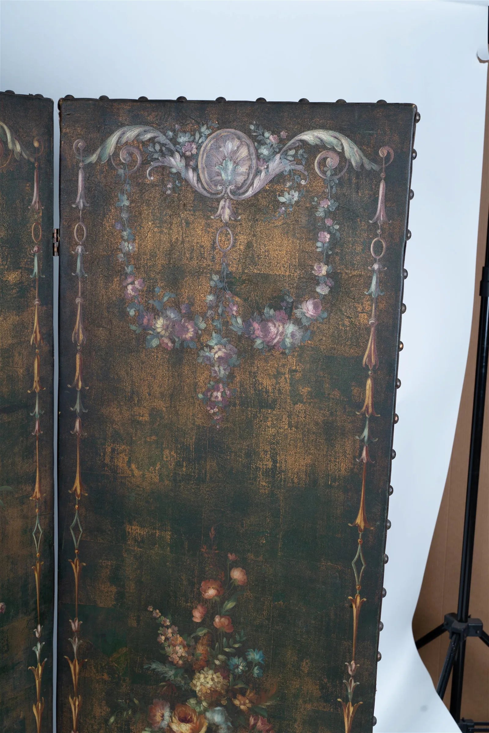AF10-005: ANTIQUE EARLY 20TH CENTURY FRENCH THREE PANEL POLYCHROME DECORATED LEATHER SCREEN