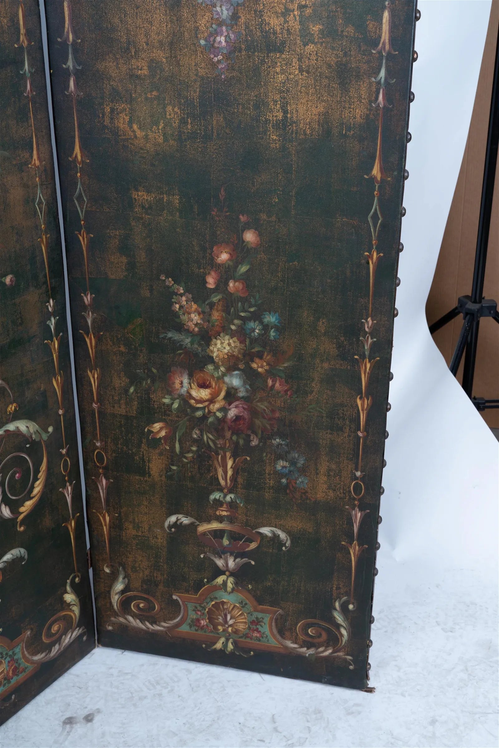 AF10-005: ANTIQUE EARLY 20TH CENTURY FRENCH THREE PANEL POLYCHROME DECORATED LEATHER SCREEN