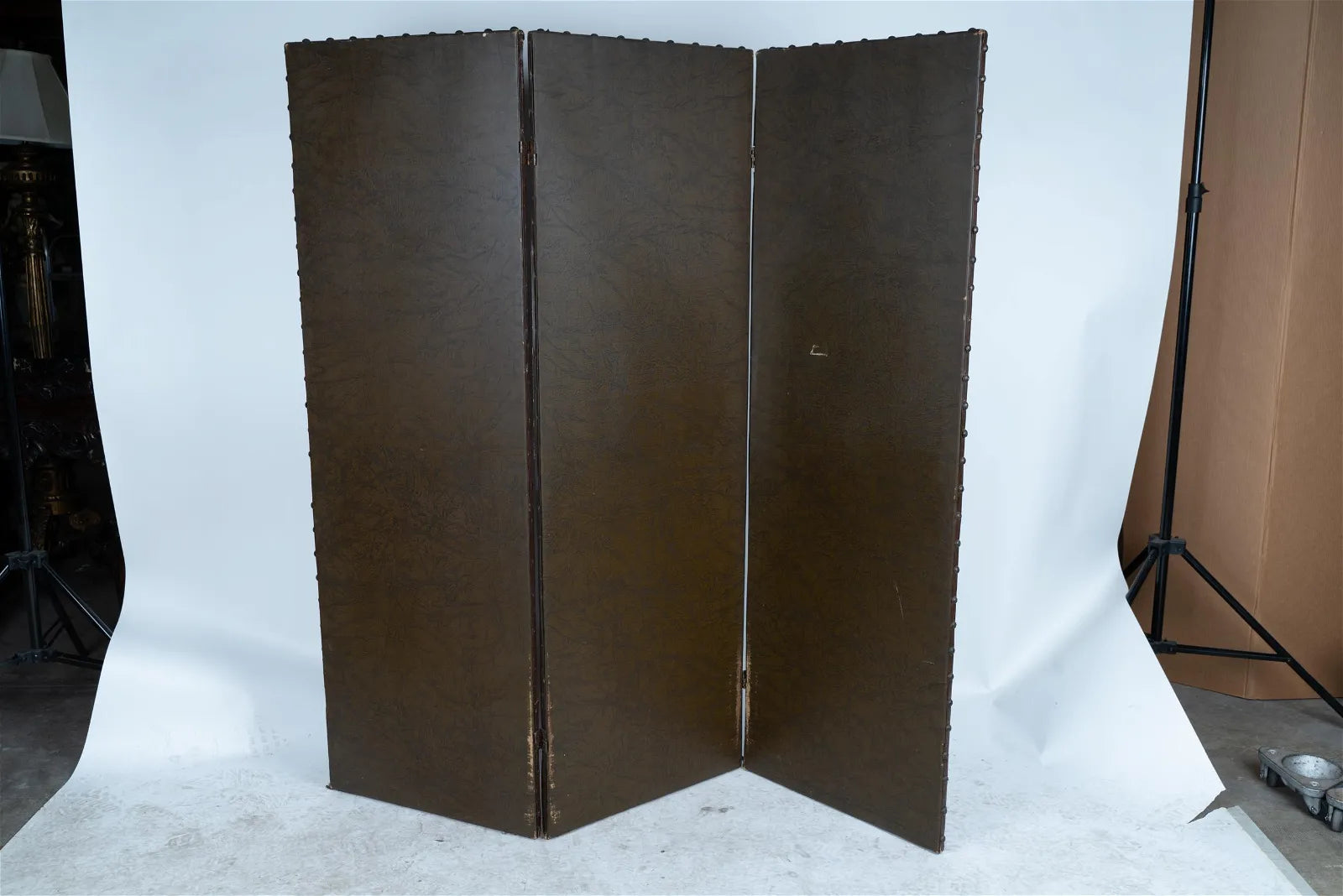 AF10-005: ANTIQUE EARLY 20TH CENTURY FRENCH THREE PANEL POLYCHROME DECORATED LEATHER SCREEN