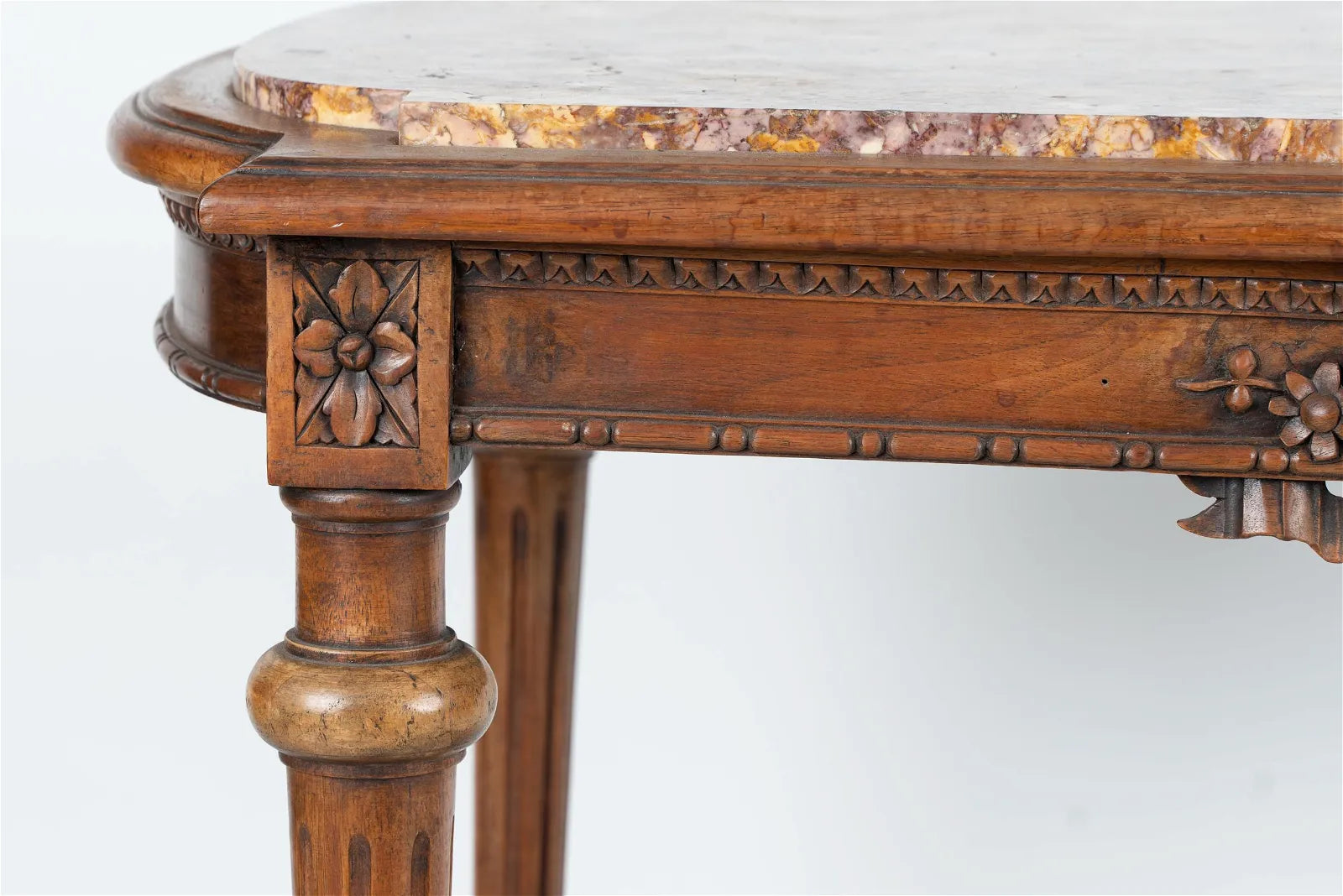 AF1-024:  ANTIQUE LATE 19TH CENTURY LOUIS XVI  STYLE FRENCH WALNUT MARBLE-INSET SALON TABLE