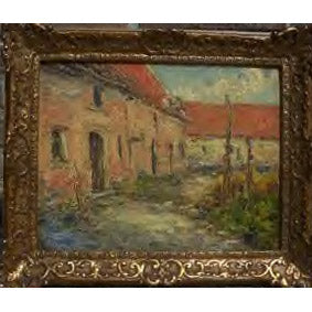 French School - French Courtyard - Oil on Board Painting | Work of Man
