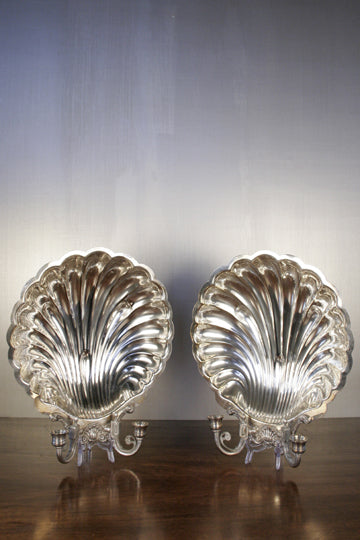 Antique Pair of Silver Shell Candle Sconces | Work of Man