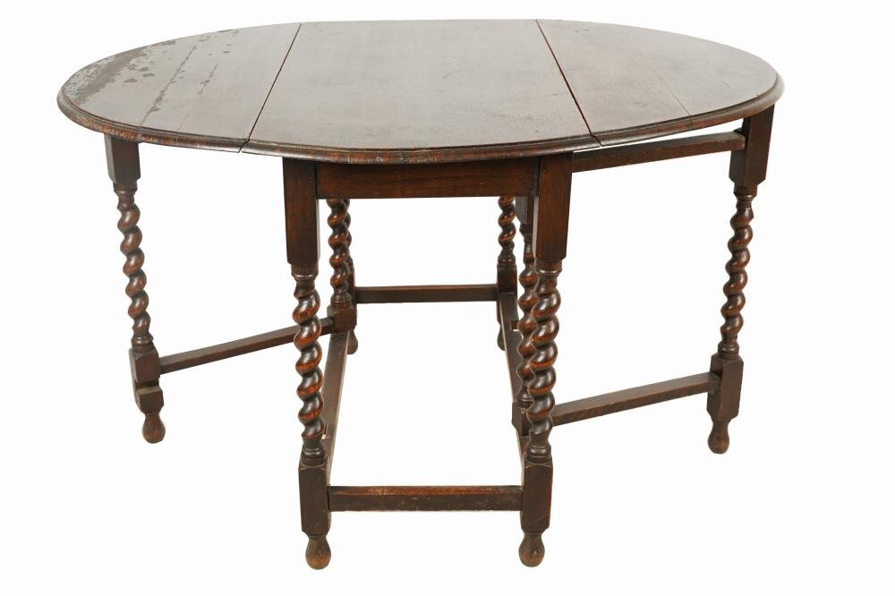 AF1-112: Antique Late 18th Century American Oak Barley Twist Gate Leg Drop Leaf Dining Table
