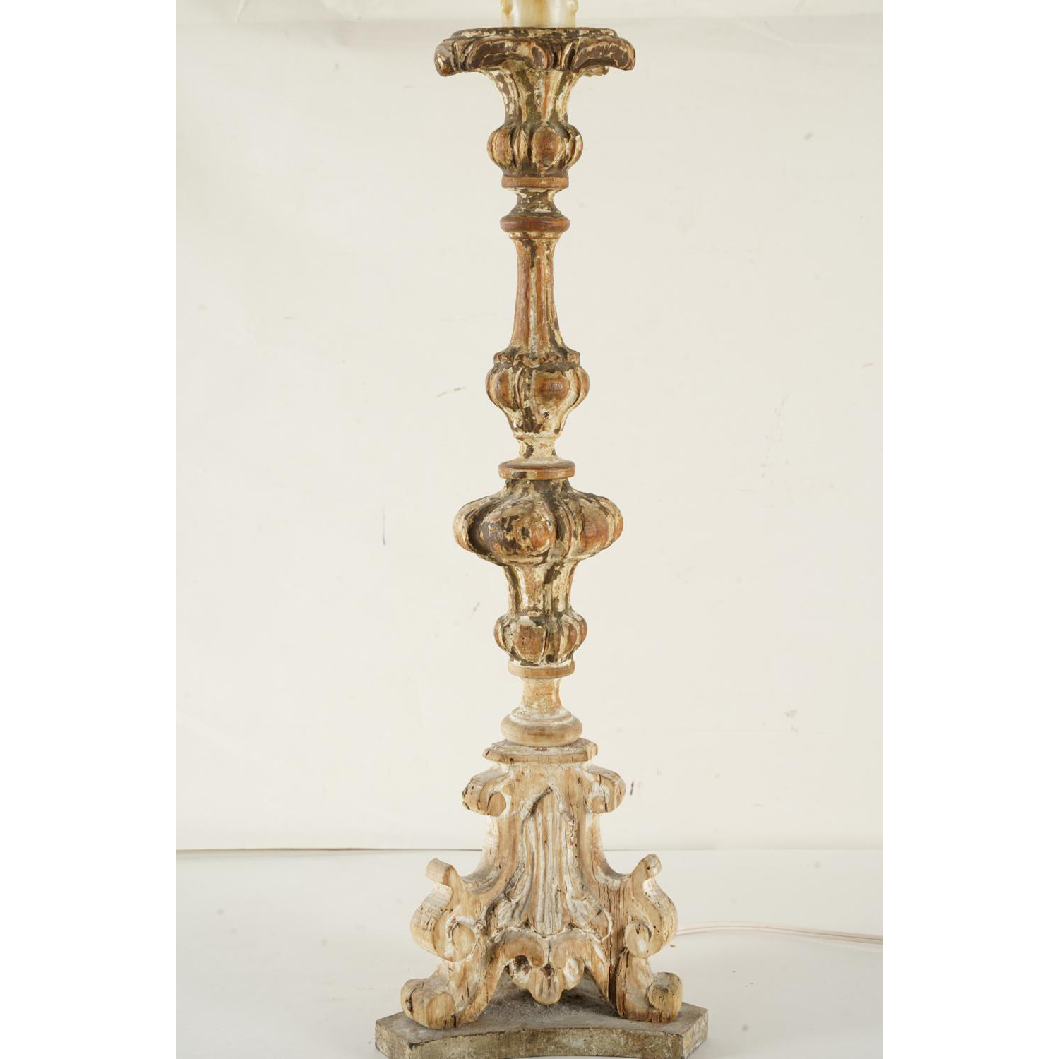 AL2-003: 18th Century Carved Wood Alter Candle Stick Lamp