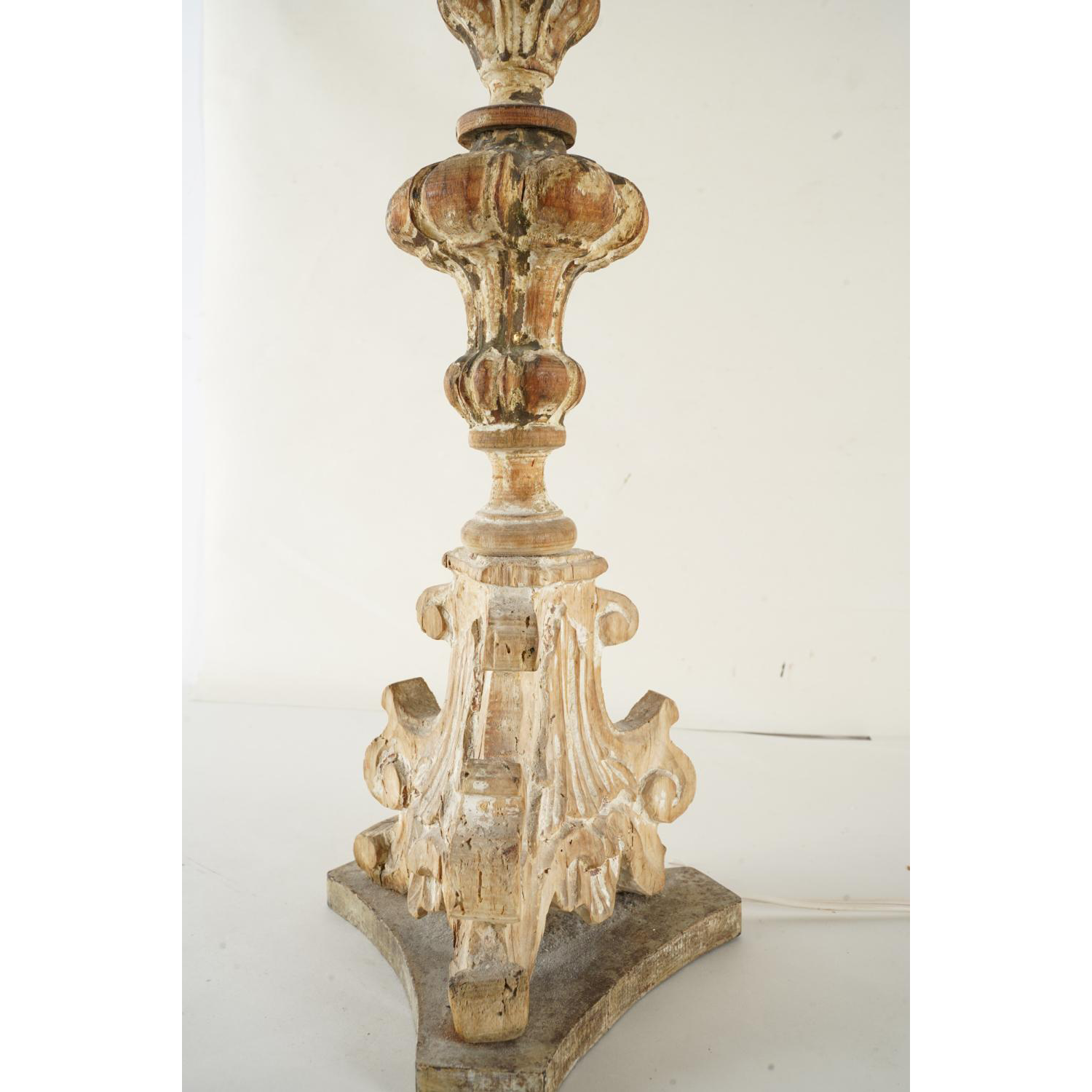 AL2-003: 18th Century Carved Wood Alter Candle Stick Lamp